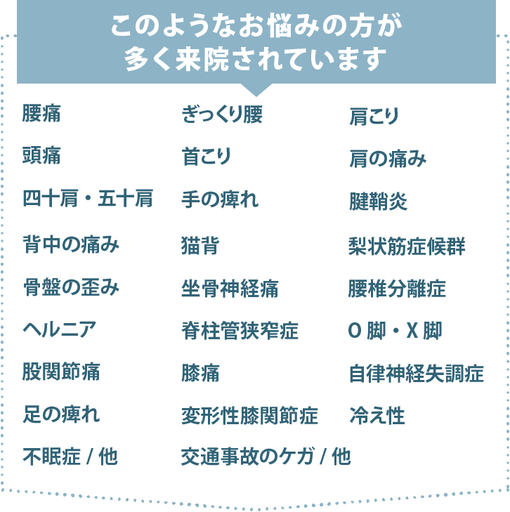 腰痛・肩こり・頭痛・首こり・寝違え・四十肩・五十肩・手の痺れ・腱鞘炎・野球肘・ゴルフ肘・テニス肘・背中の痛み・側弯症・肋間神経痛・骨盤の歪み・ぎっくり腰・坐骨神経痛・梨状筋症候群・ヘルニア・脊柱管狭窄症・すべり症・股関節痛・膝痛・ジャンパー膝・足の痺れ・足底筋膜炎・自律神経失調症・冷え性・不眠症・交通事故のケガ、他